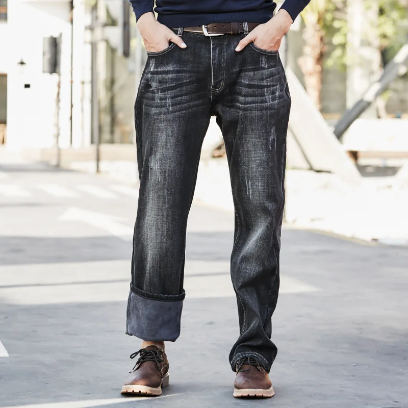 Мужские мешковатые джинсы с флисовой подкладкой черные свободные большого
