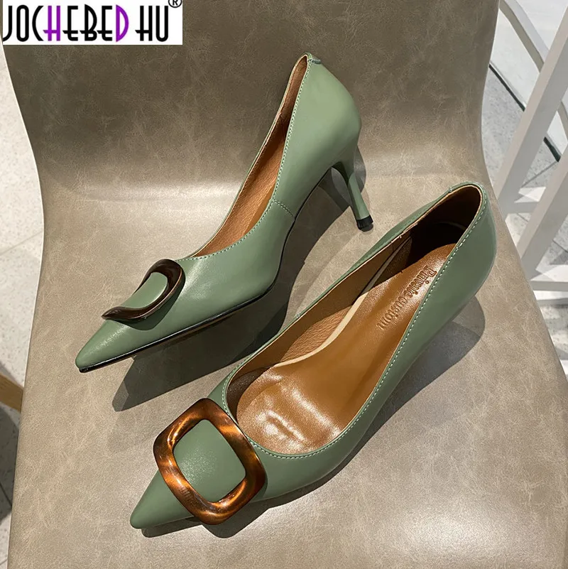 

JOCHEBED HU Spring and autumn ladies high heels pointed toe fashion buckle stiletto high heels black nude pink avocado green hig