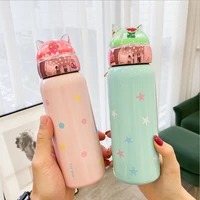 stainless steel cute cat thermos water bottle macaroon straight body vacuum flask for children coffee mug drinking insulated cup