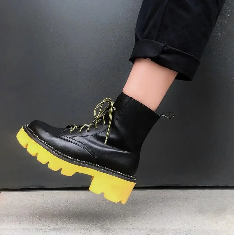 Buono Scarpe Mixed Color Women Ankle Boots Lace Up Female Ankle Botas Mujer Thick Bottom Genuine Leather Boots Fenimina Non-Slip
