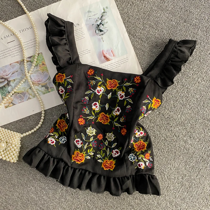 Топ с цветочной вышивкой в стиле ретро майка оборками короткая дизайнерская