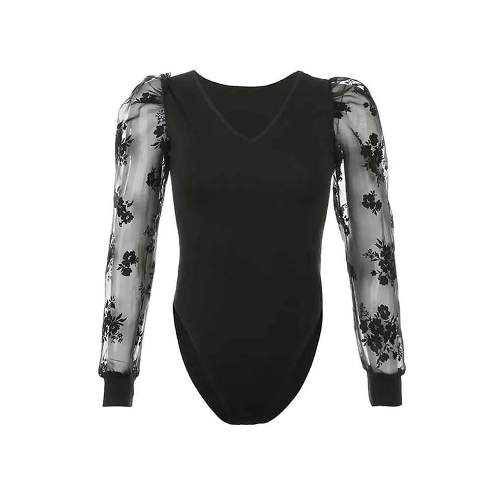 Женское боди с цветочным принтом повседневное однотонное длинное Сетчатое