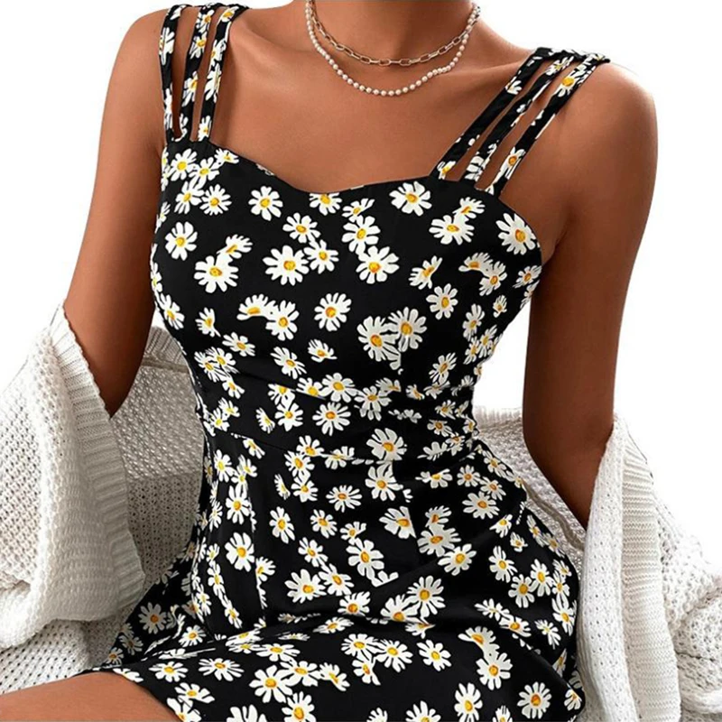 

New Fashion Print Floral Sleeveless Sheath Above Knee Casual Dresses for Women Girl Mini Sling Dress LXH