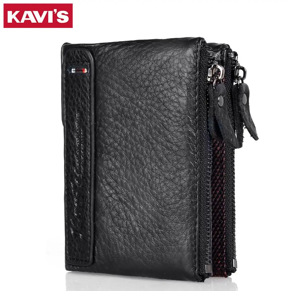 Кошелек KAVIS мужской из 100% натуральной кожи на молнии|carteira brand|men wallet smallleather men's |