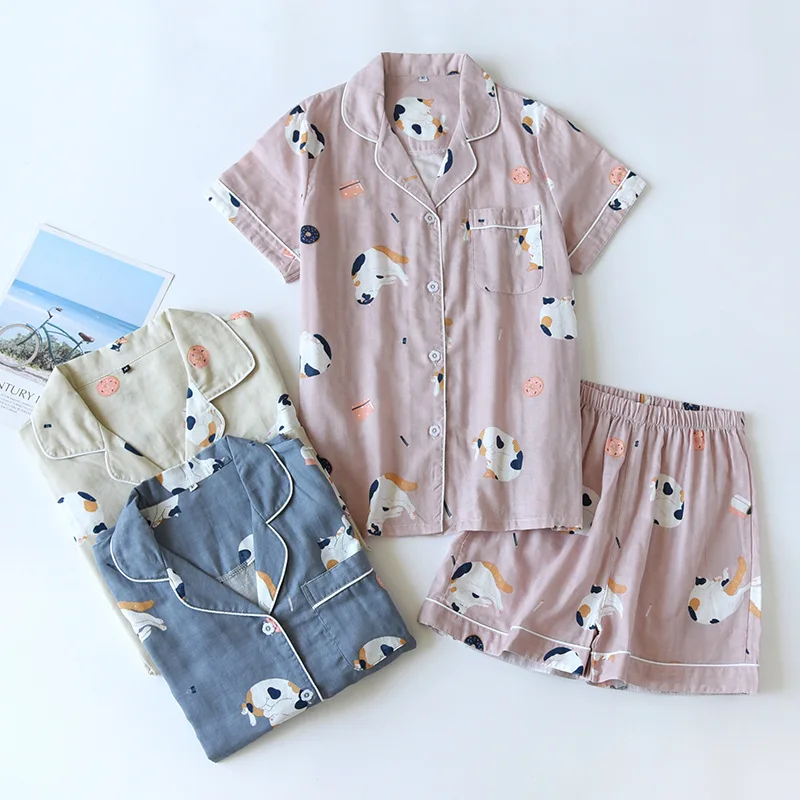 Summer Couple Pajamas Set Cotton Gauze Soft Short-sleeved Sleepwear with Shorts Thin Comfortable Cartoon Men/women Cool Homewear