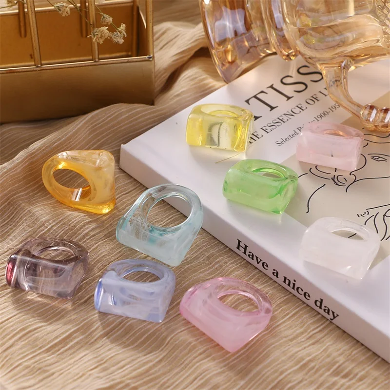 

IFMIA 2021 New Korean Fashion Transparent Acrylic Resin Rings Cute Geometric Square Round Ring Colorful for Women Girls Jewelry