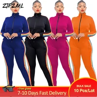 bulk lots wholesale items womens sporty tracksuit casual stand collar full sleeve coat side rainbow striped spliced trousers