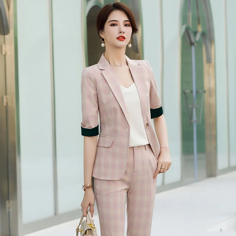 High Quality Fabric Elegant Plaid Formal Uniform Designs Pantsuits Women Business Work Wear Professional Blazers Trousers Sets | Женская