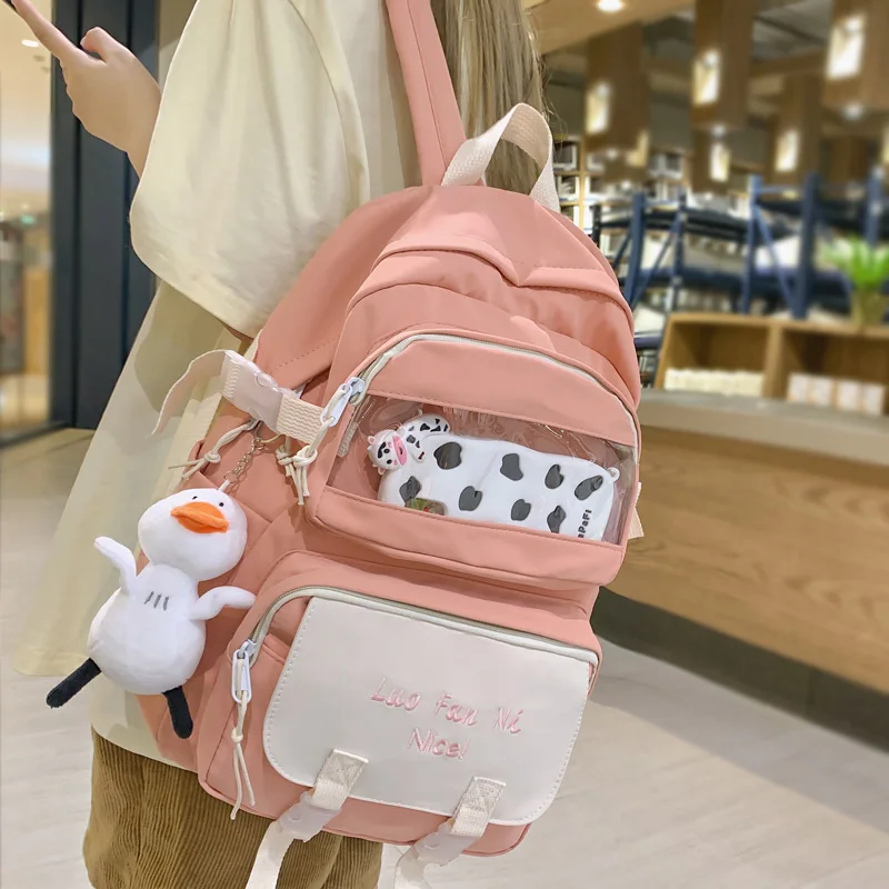 

DCIMOR New English Embroidery Waterproof Nylon Women Backpack Female Transparent Travel Bag Girl Student Panelled Schoolbag