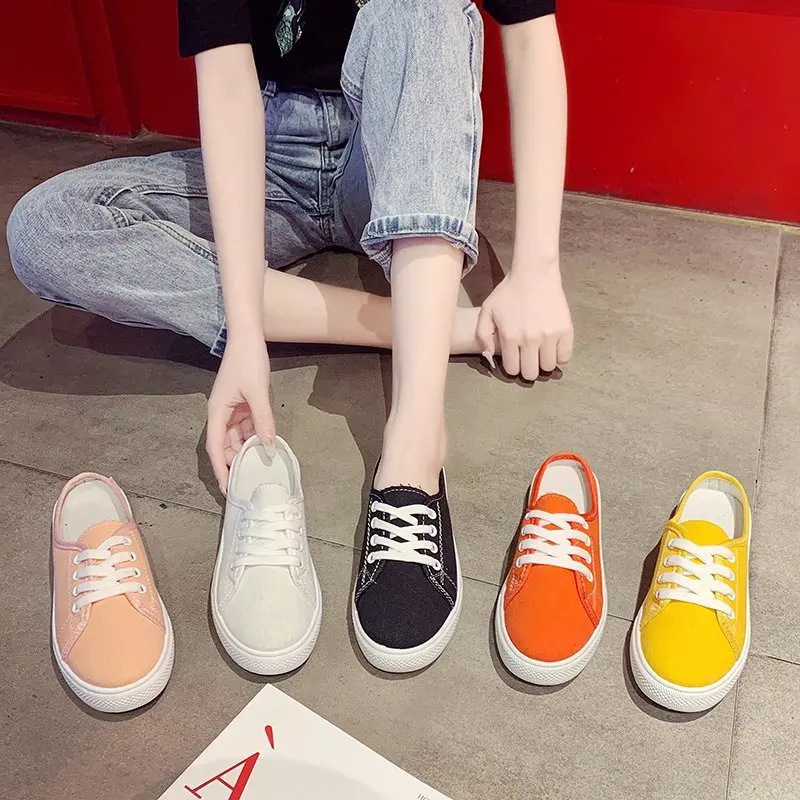 

Canvas Half Slippers Female 2021 Summer New Korean Women's Shoes Fashion Breathable One-step Student Casual Shoes Tide