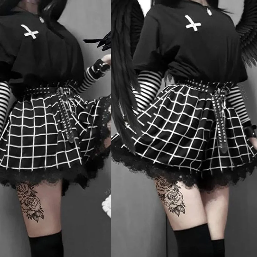 

2021 Women Black White Plaid Shorts Harajuku Lace Trim Chic Lace Shorts Punk Gothic Shortses Lolita Womens Streatwear High Waist