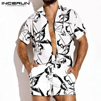summer men rompers shorts streetwear printing short sleeve beach hawaiian playsuits button casual men jumpsuits incerun 2021