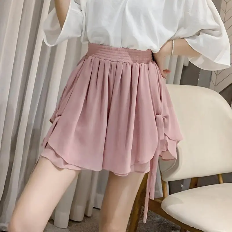

2021 Summer Ruffled Chiffon Skirt Shorts New Tide Thin Elastic High Waist Loose Wide Leg Short Pants Women Casual Culotte Y630