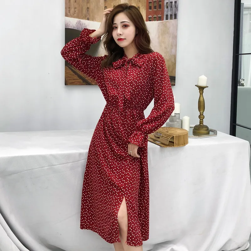 Новое Элегантное женское платье в горошек с бантом и сердечками расклешенное