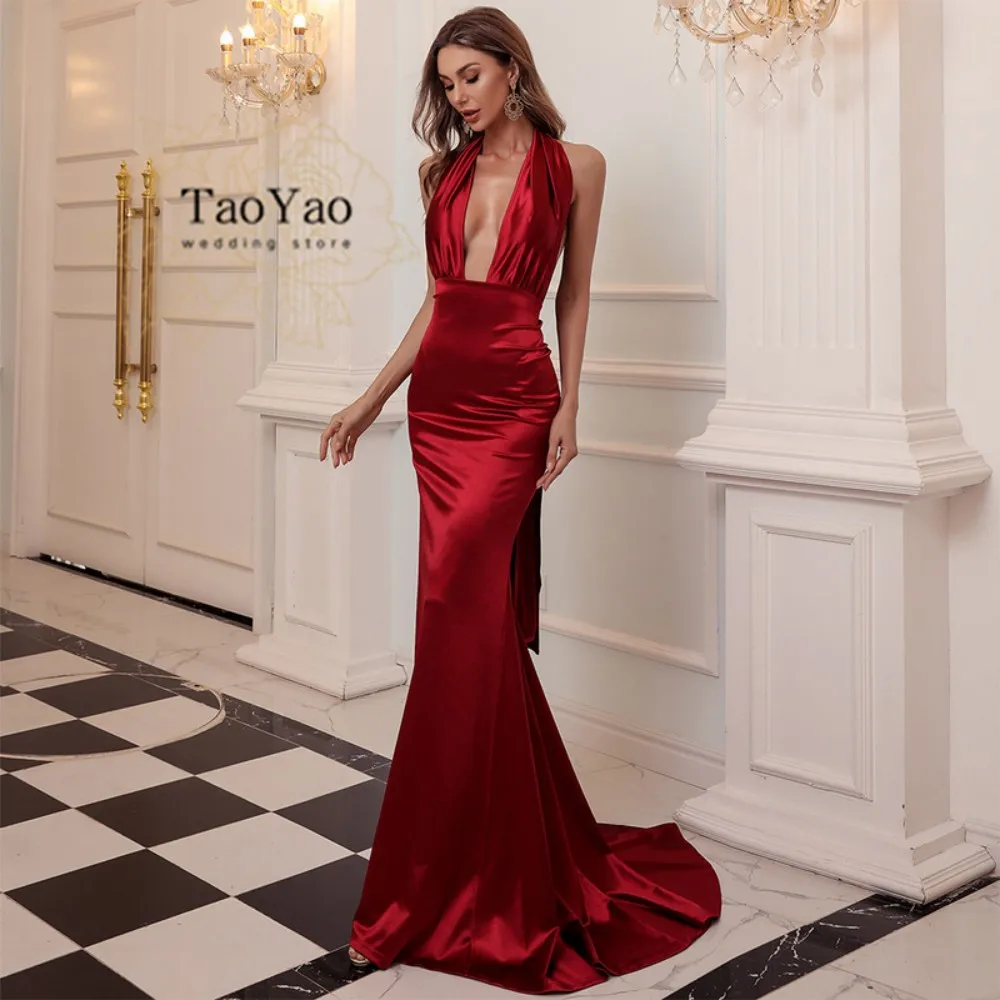 

Long Evening Dress Sexy Halter Satin for Women Mermaid Deep V-neck Wedding Party Gowns Cheap Robes Vestidos De Fiesta De Noche