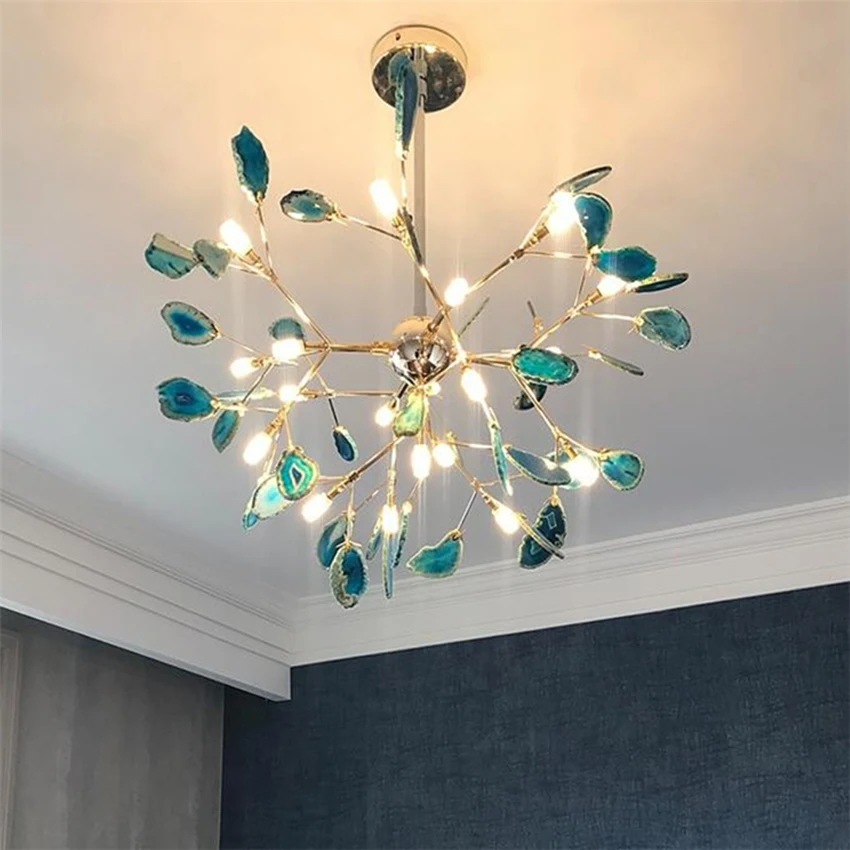 

Modern Firefly Branch Color Agate Stone Led Chandelier Luxury Loft Living Room Ceiling Hanging Lamp Bedroom Decorative Lights