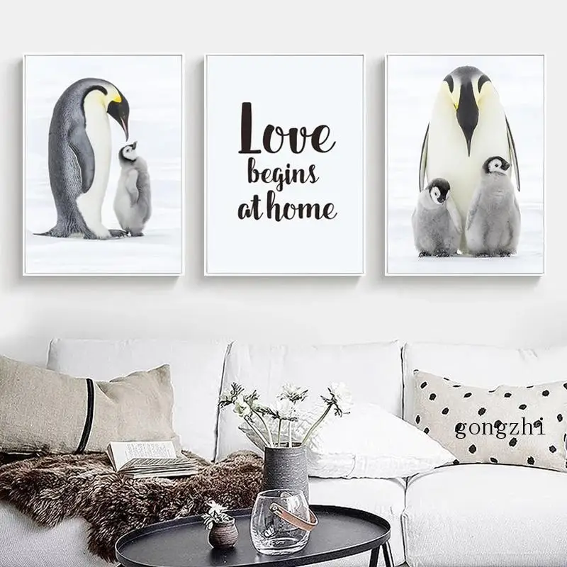 

Warm Penguin Lovely Family Nordic Poster Funny Animal Canvas Painting and Prints Pop Wall Art Picture for Living Room Home Decor