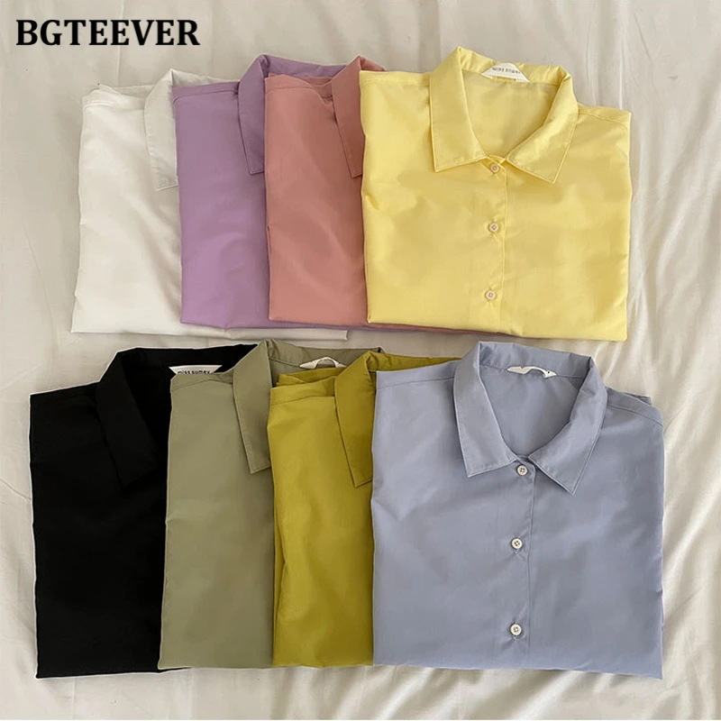 

BGTEEVER Summer Lapel Single-breasted Women Shirts Tops Casual Short Sleeve Loose Female Blouses Ladies Simple Solid Blusas 2021