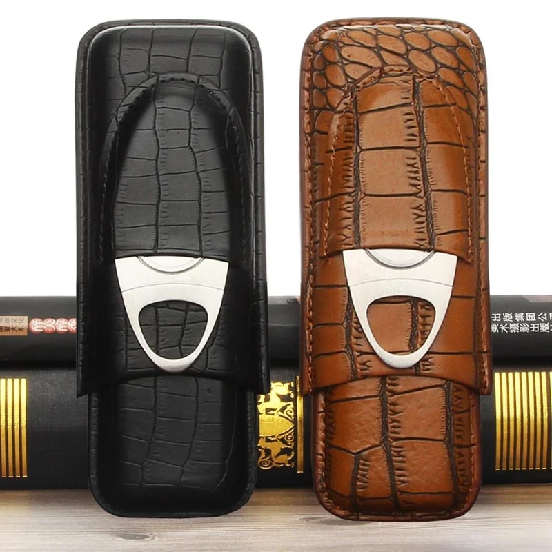 

Leather Travel Cigar Case Portable 2 Tube Holder Humidor Cigars Accessories For Cohiba W/ Cigar Cutter & Gift Box