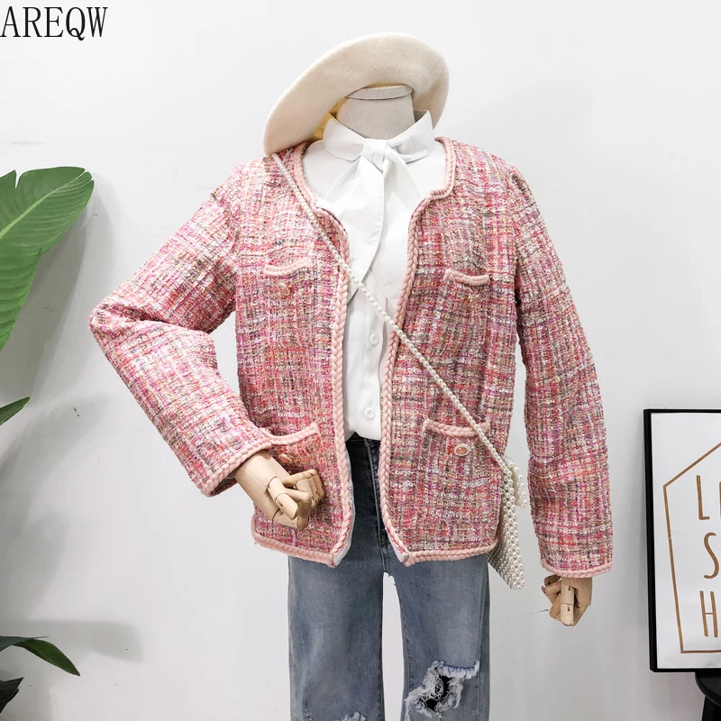 Французский стиль куртка женская 2019 осень ретро Твид Розовый Пальто и куртки