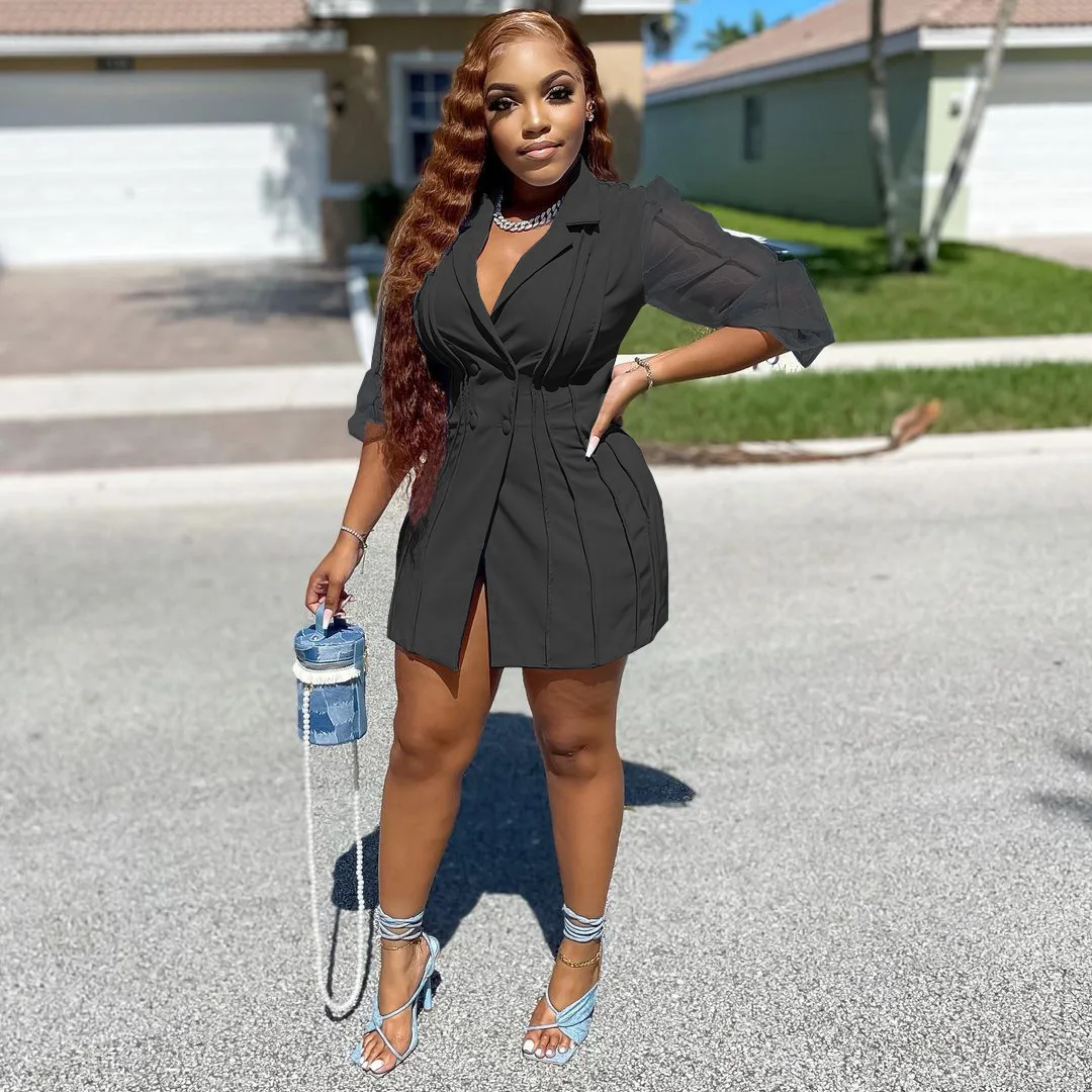 

Elegant Solid Sheer Mesh Patchwork Lantern Sleeve Blazer Mini Women Dress Sexy Turn-down Collar Buton Slim Dress Streetwear