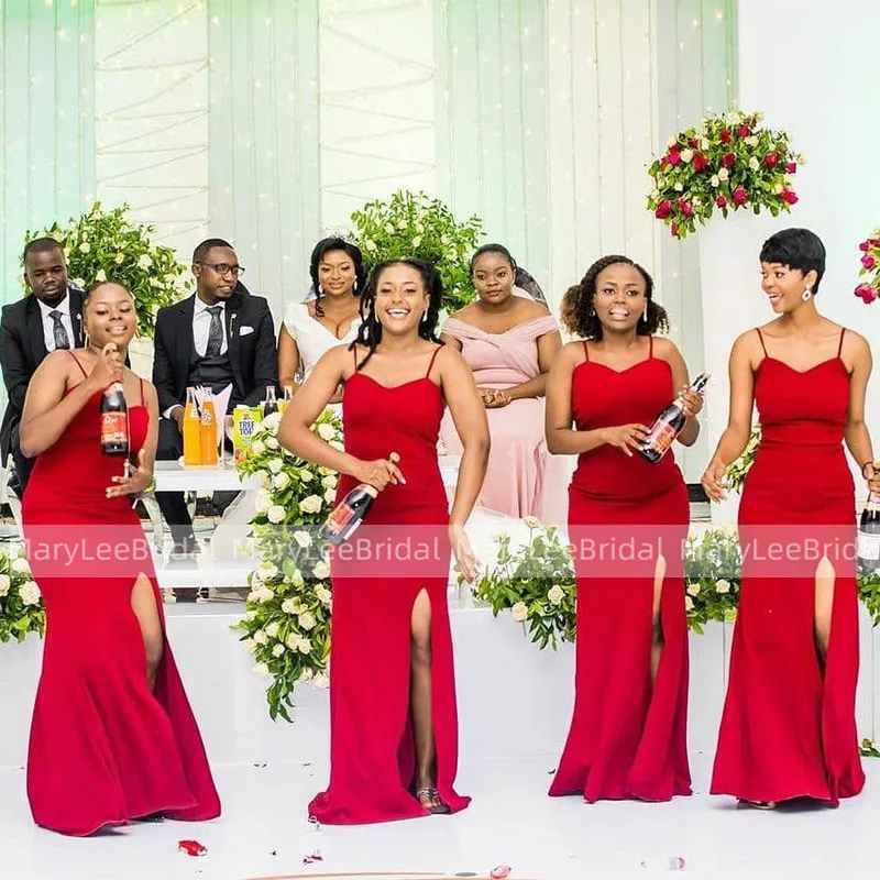 

Cheapest Sheath Red Bridesmaid Dresses 2021 Front Split Spaghetti Strap Women Wedding Party Dress Vestido Madrinha