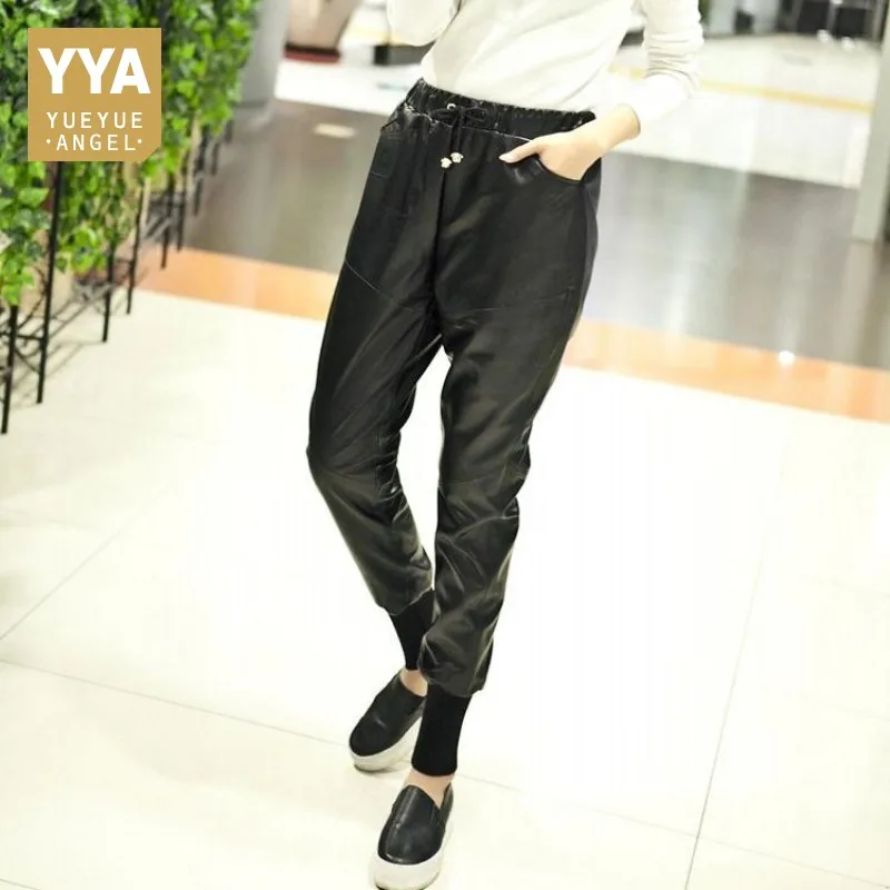 

Women Loose Fashion Fit Hip Hop Harem Pants 8 Colors Joggers Casual Trousers Elastic Waist Long Genuine Leather Pants Streetwear