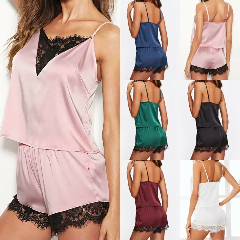 2020 Женская Сексуальная атласная пижама с кружевом пэчворк Дамский топ высокой