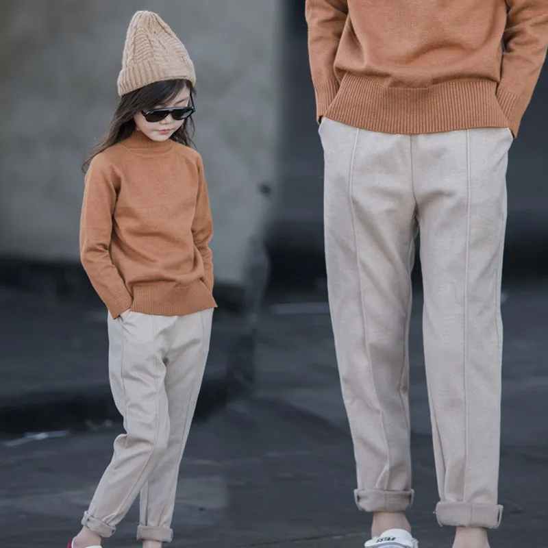 

Шерстяные бежевые штаны для детей, эластичные зимние прямые штаны 2019 года со средней талией, одежда для девочек-подростков, Детские теплые ш...