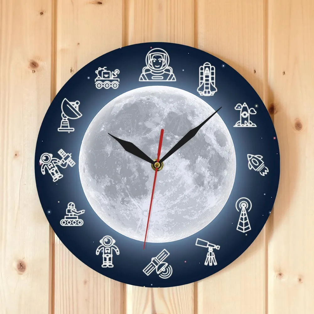 Space Travel Moon Wall Art Modern Clock Outer Astronaut Round Time Watch Science Surreal Galaxy Decor | Дом и сад