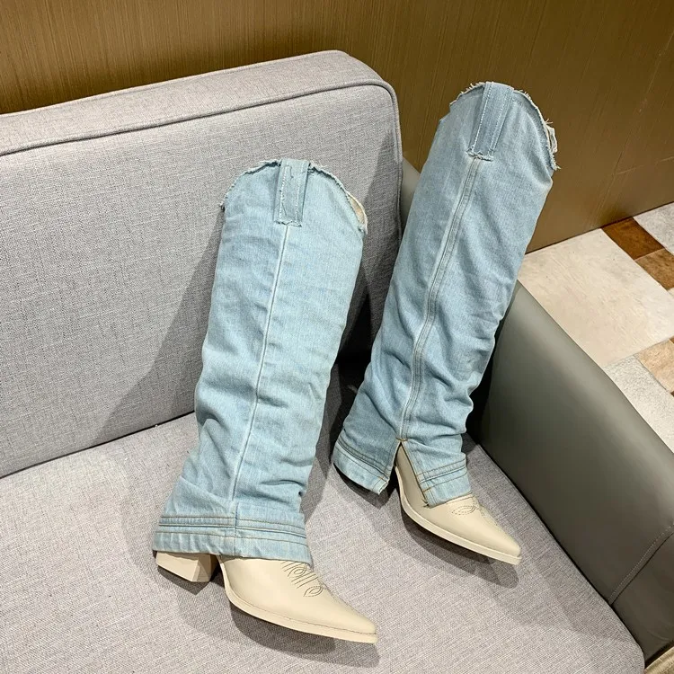 Western Hot Denim Cloth Foldover Boots Woman Cow Leather Patcwork Knee Boots Chunky Heel Pointed Toe Boots Slip On Knight Boots