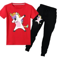 unicorn 100 cotton new round neck short sleeved t shirt trousers baby fashion casual sports cartoon print boys and girls suit