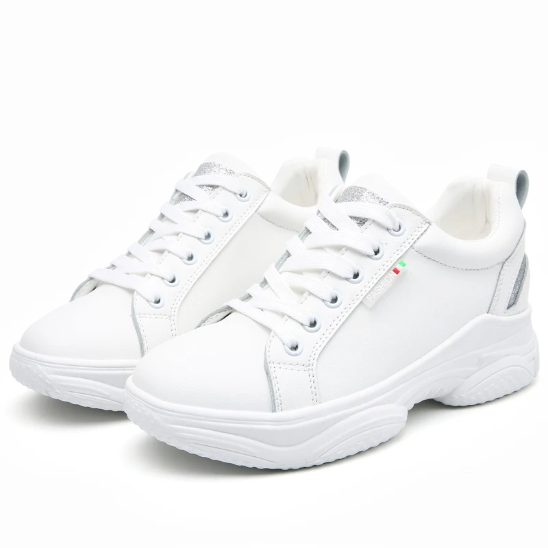 Women Tennis Shoes Air Cushion Sports Shoes High Heels Lace Up Female Leather Footwear Outdoor Thick Bottom Women Sneakers