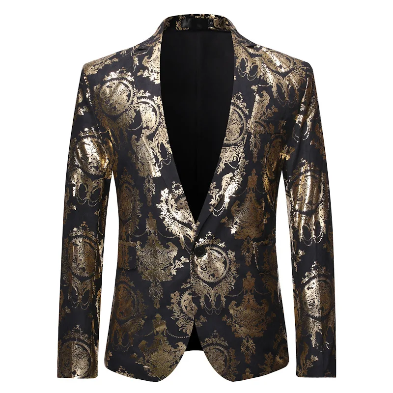 

Luxury Gold Floral Print Suits &Blazer Men One Button Slim Fit Stylish Blazer Jacket Mens Party Dinner Tuxedo Blazer DT1836