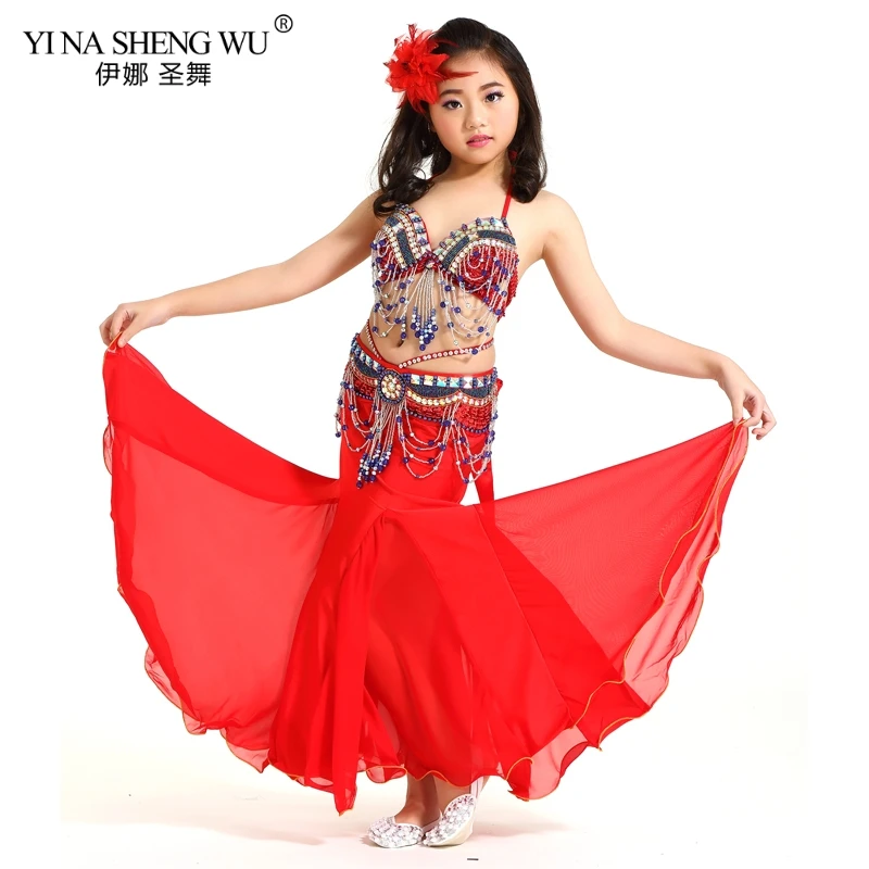 Red-Bra-Belt-Skirt Детские танцевальные костюмы, комплект для девочек, Восточный танец живота, расшитый бисером, с кисточками, новая детская одежда для сцены, танцевальная одежда, комплект из 2 предметов/3 шт - Цвет: Red-Bra-Belt-Skirt