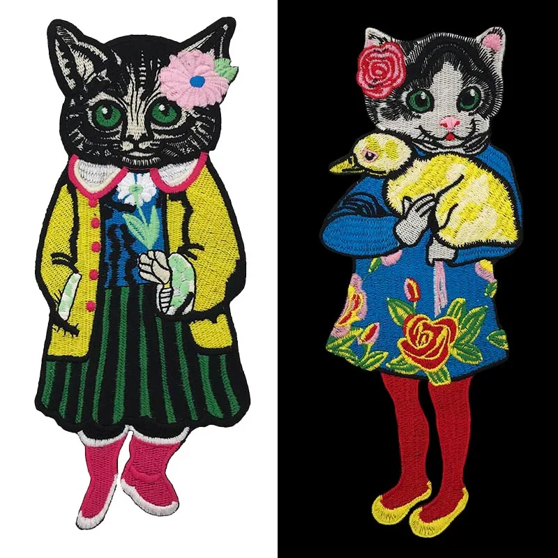 

Embroidery Applique Cat Hugging Duck Iron on Sticker Patch Clothes for T-shirt Jackets Patch Sew Stripe