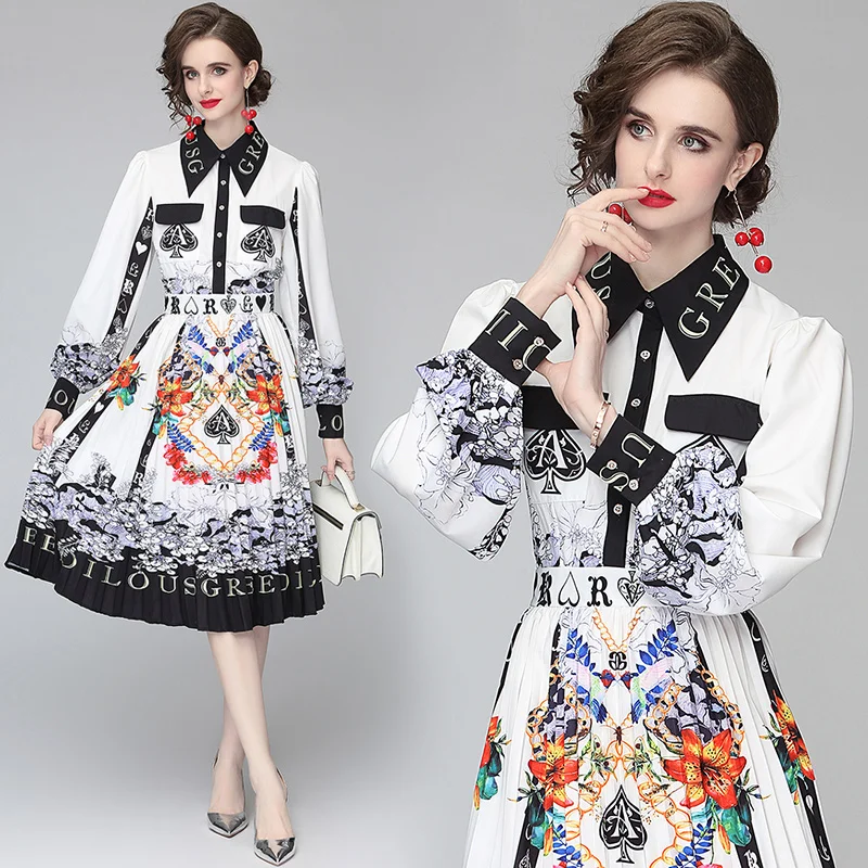 

New Summer Printed Women's Vintage Temperament Waist Slim-Fit Long-Sleeve Pleated Dress