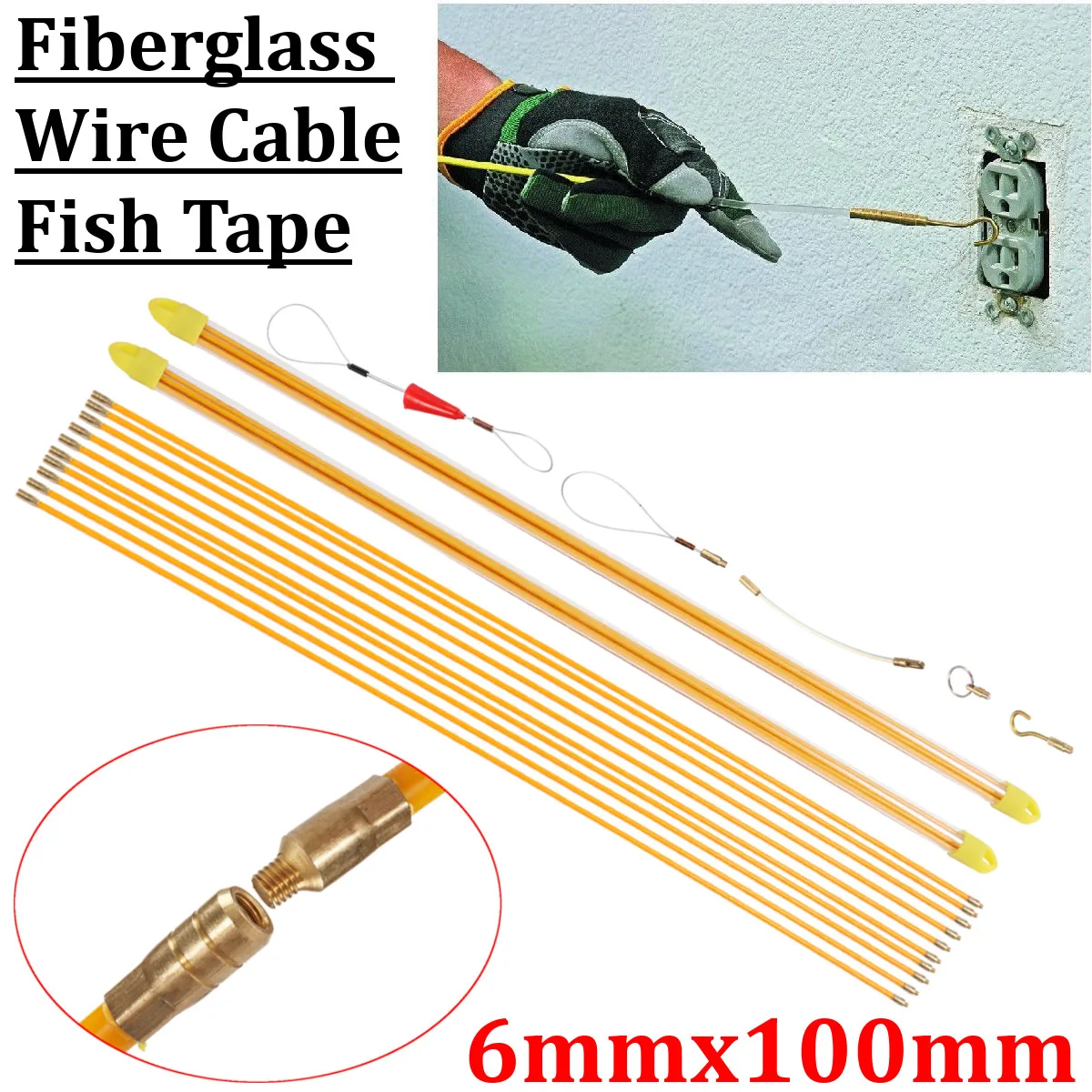 

6mm 10x1M Fiberglass Wire Cable Rod Puller Electrical Fish Tape Pull Push Kit Fiberglass Wire Cable Rod Puller Tool Set Durable