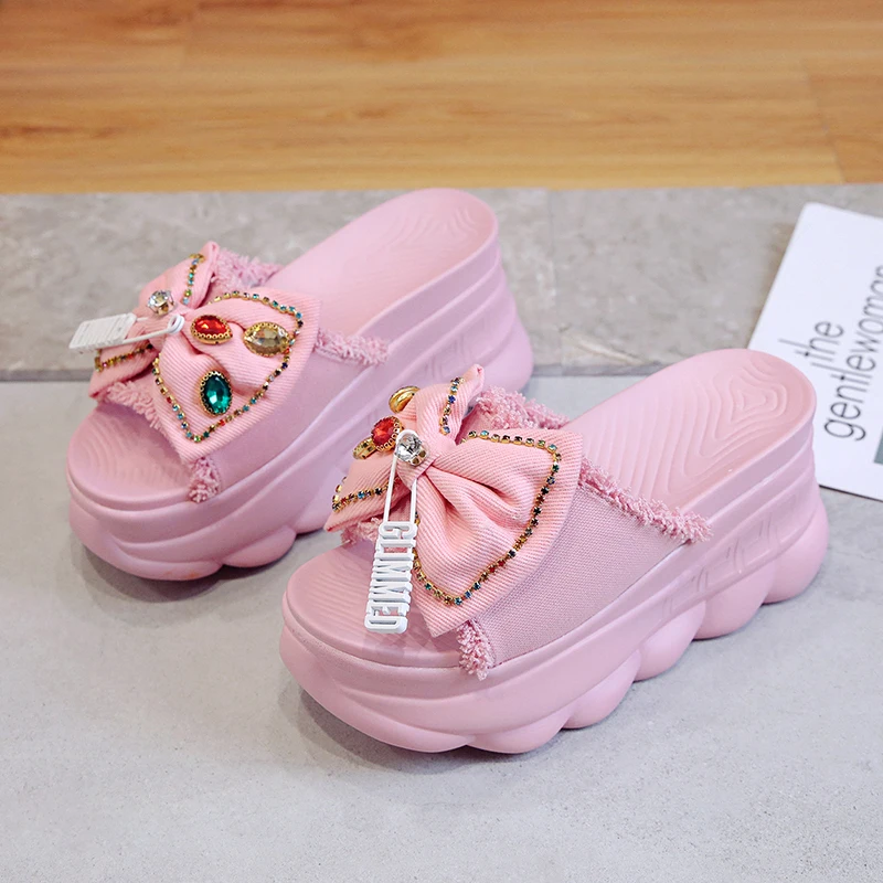 

Women Sandals Summer Bowknot Leisure Shoes Women Platform Wedges Fish Mouth Gladiator Sandals Thick Bottom Slippers Pink Green