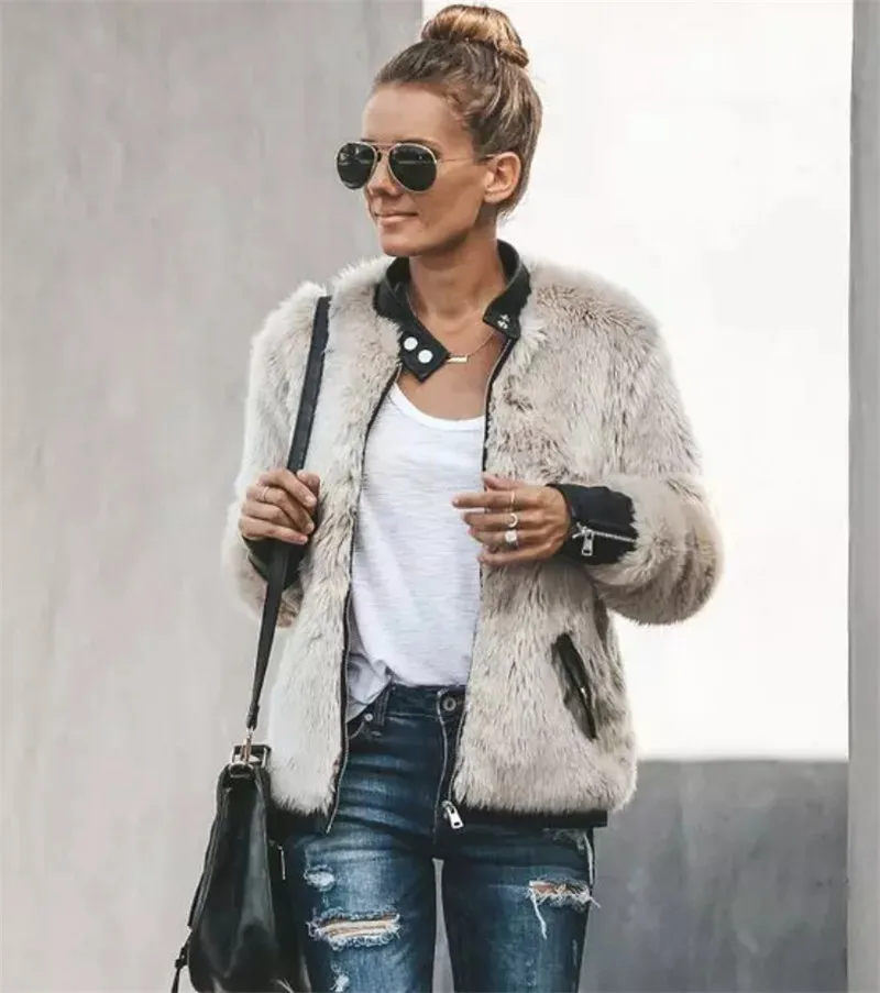 Women Warm Fleece Leather Patchwork Pocket Long Sleeve Slim Jacket Zip Up Faux Fur Outwear Coats Winter Spring Female Clothes