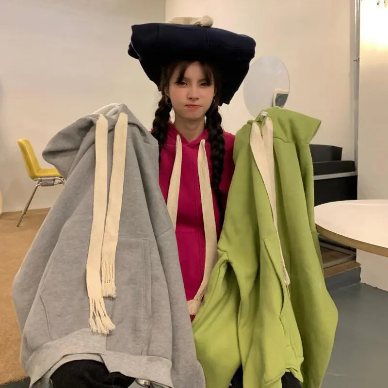 Plush Thick Thick Hooded Sweater Autumn and Winter New Leisure Long-sleeved Solid Color Loose Drawstring Sweater