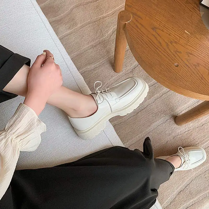 

Krazing Pot fashion cow leather white sneaker comfortable square toe casual spring shoes lace up pretty vulcanized shoes L35