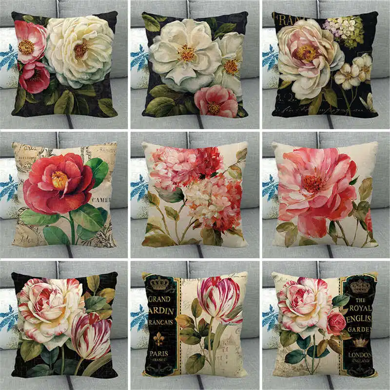 

45cm*45cm Watercolor Rose Flowers Beautiful Plant Linen/Cotton Throw Pillow Covers Couch Cushion Cover Home Decor Pillowcase