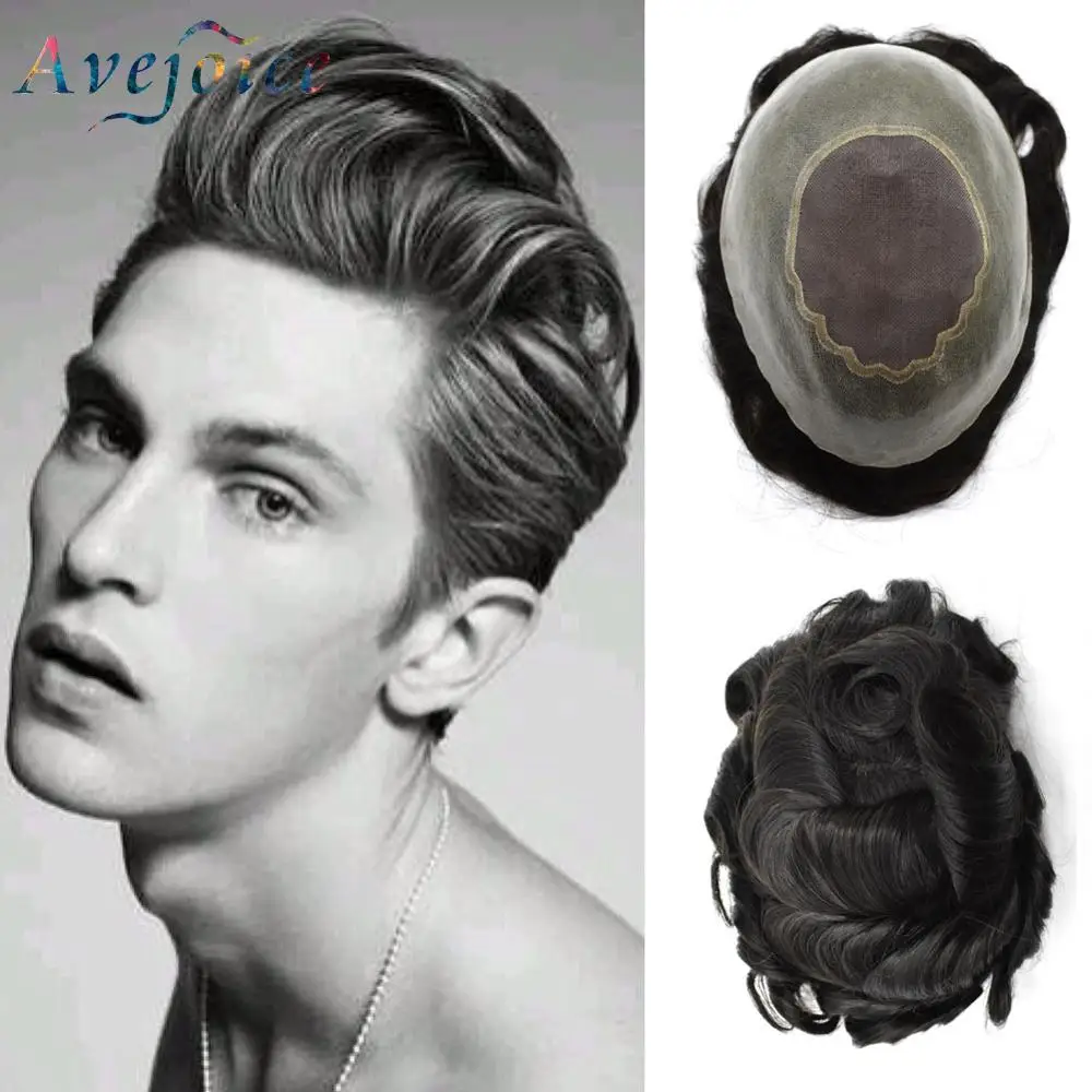 Avejoice тонкие моно + ПУ мужские Toupee круглые поли шиньоны человеческие системы