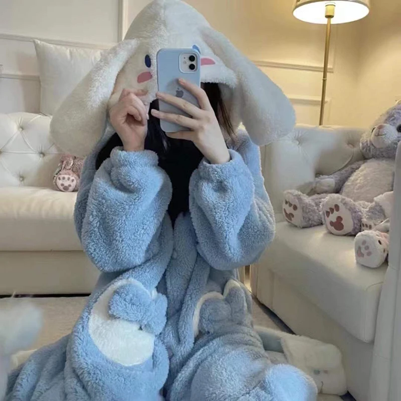 Kawaii Winter Thick Plush Pajamas for Women Flannel Long Sleeve Cute Cartoon Nightdress Embroidery Long-eared Dog Nightgown Robe