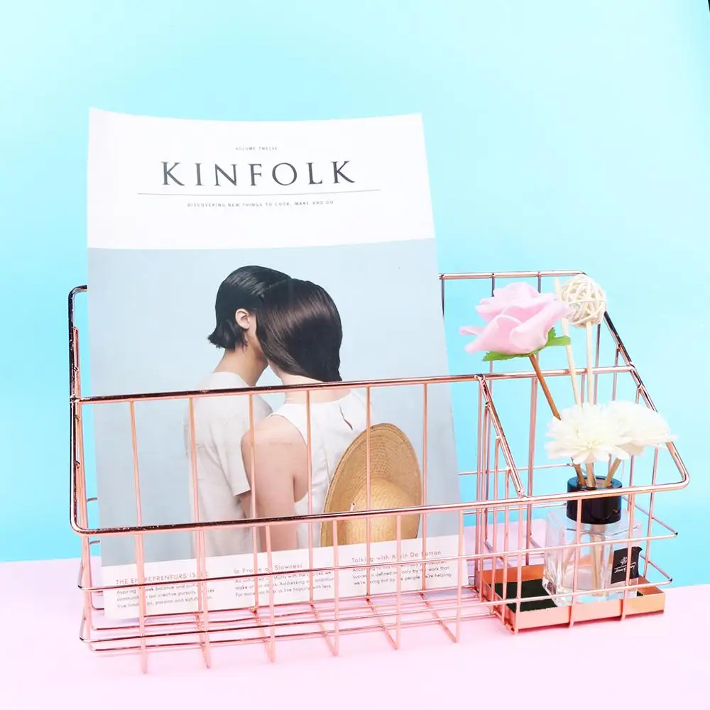 Металлическая корзина для хранения из розового золота Офисная настольная ручка