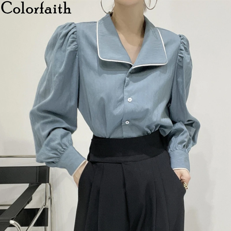 

Colorfaith/Новинка 2021 года; Сезон весна-осень; Блузки; Рубашки в винтажном Корейском стиле с пышными рукавами; Офисные элегантные модные топы для девушек; BL5069A