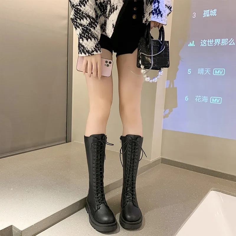 

2021 Autumn And Winter New Solid Color Long Tube But Knee Lace Women's Boots Knight Boots Women's Shoes