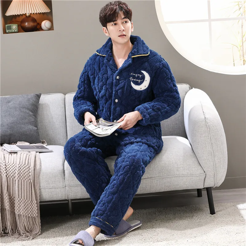 Winter Men Casual Thick Warm Pajamas Set Flannel Long Sleepwear Solid Nightwear Homewear Turn Down Collar Pyjama Homme