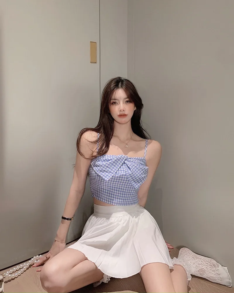 

SANGMAY Camisole Fashion Women Summer Plaid Tops with Bowknot